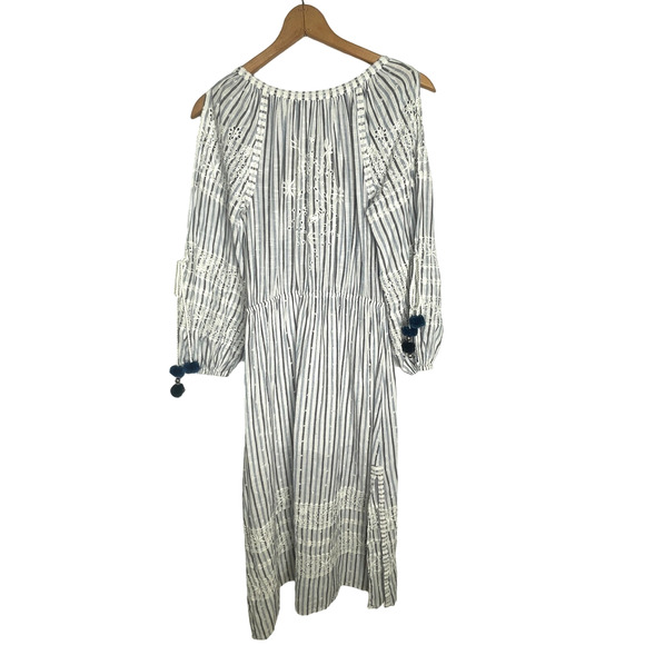 Anthropologie M LOVESHACKFANCY Striped Isla Midi Dress Long Sleeve White Blue - Picture 7 of 10